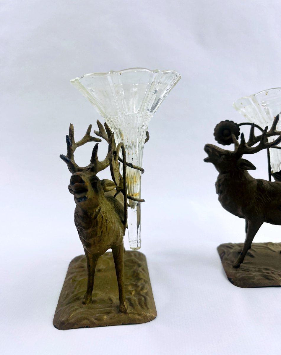Paire De Bouquetières, Cerfs En Métal Repoussé Porte-fleurs-photo-4