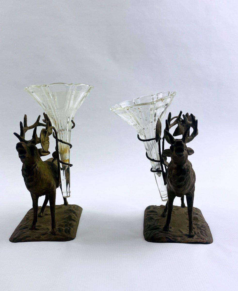 Paire De Bouquetières, Cerfs En Métal Repoussé Porte-fleurs-photo-4