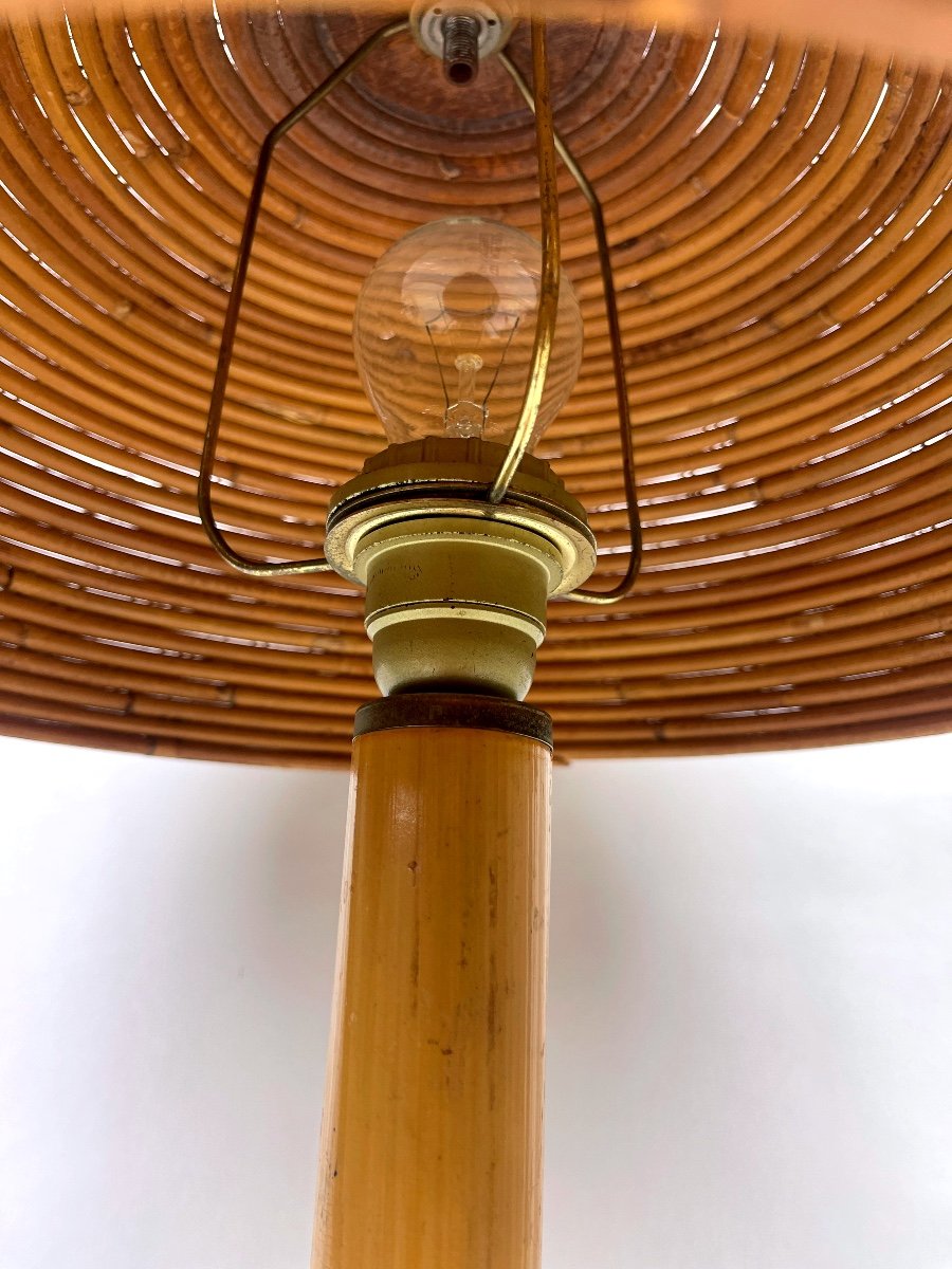 Lampe Champignon En Rotin, Bambou Et Laiton-photo-1