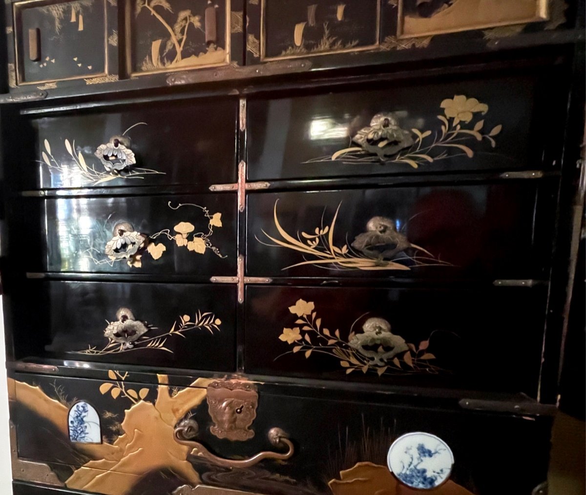 Cabinet In Lacquer And Porcelain Plaques, Japan 19th Century-photo-4