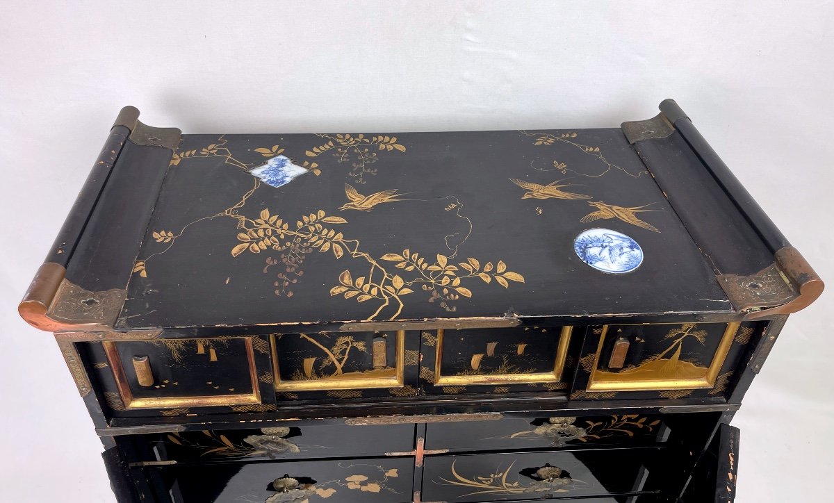 Cabinet In Lacquer And Porcelain Plaques, Japan 19th Century-photo-6