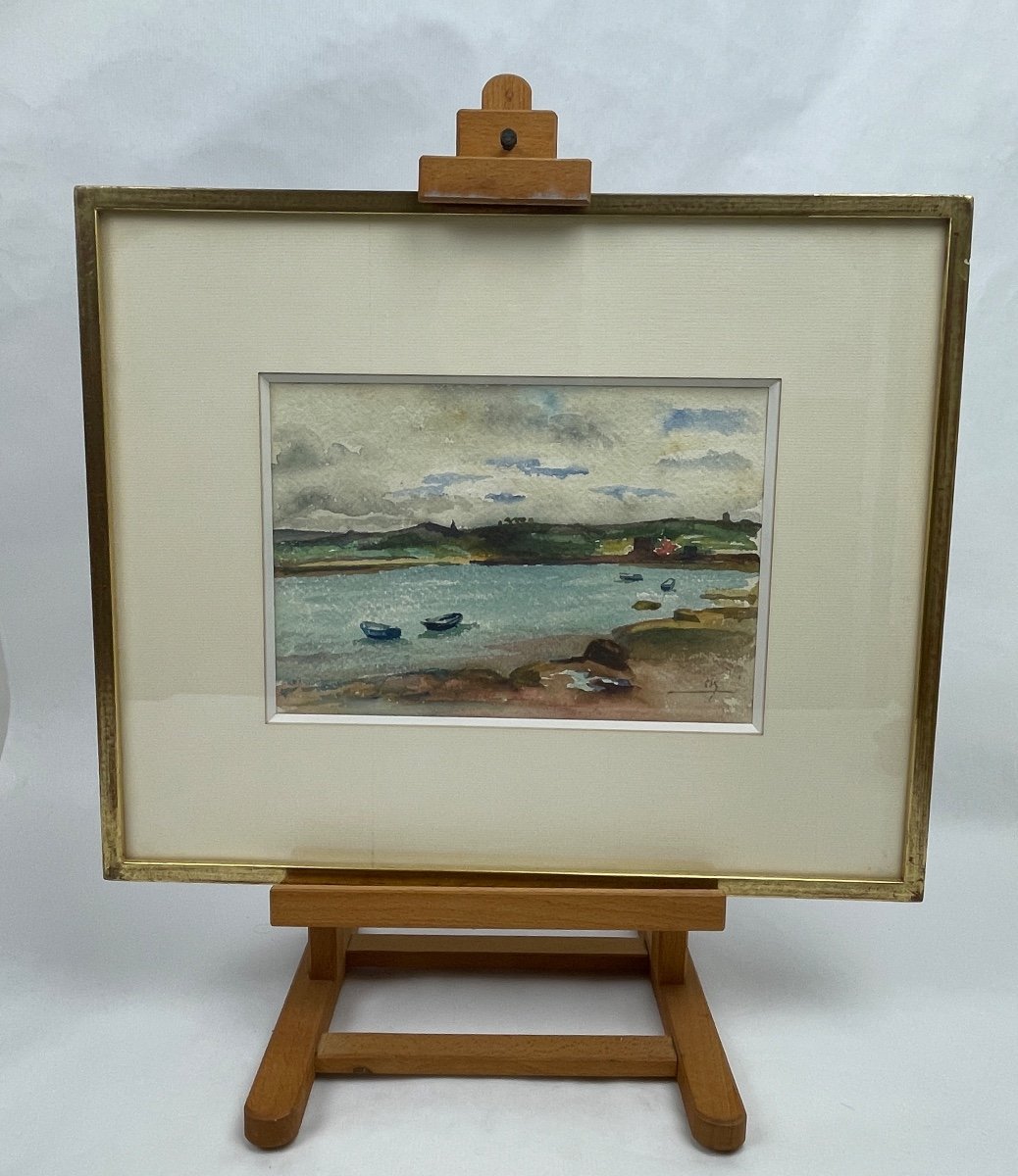 Aquarelle Marine, Barques Dans Une Baie-photo-2