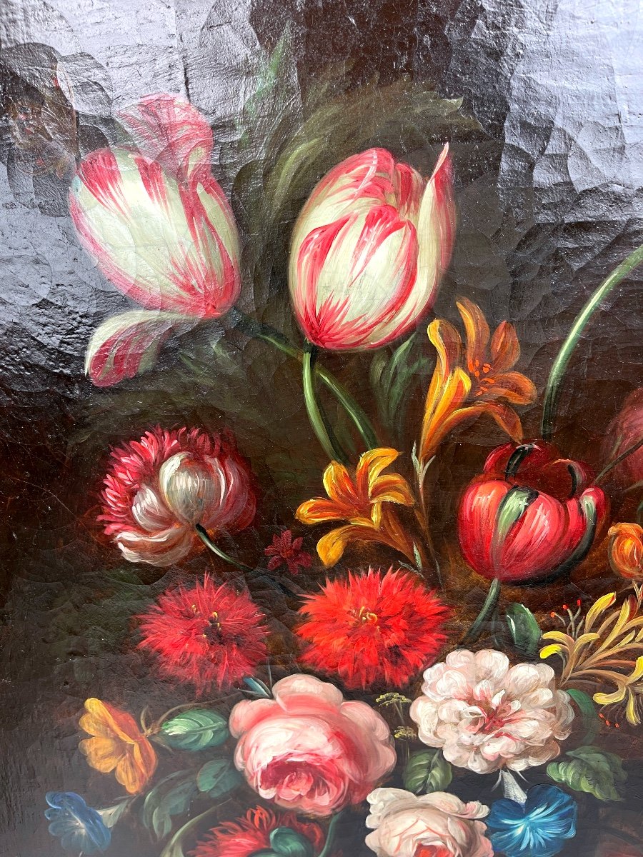 Bouquet Of Flowers On An Entablature, Oil On Canvas, Late 18th-early 19th Century-photo-2
