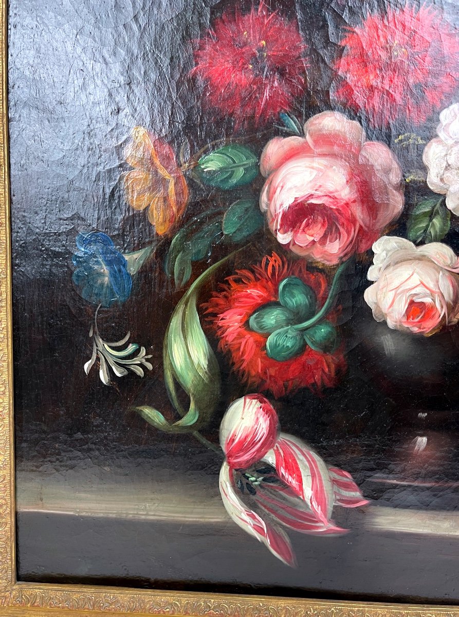 Bouquet Of Flowers On An Entablature, Oil On Canvas, Late 18th-early 19th Century-photo-3