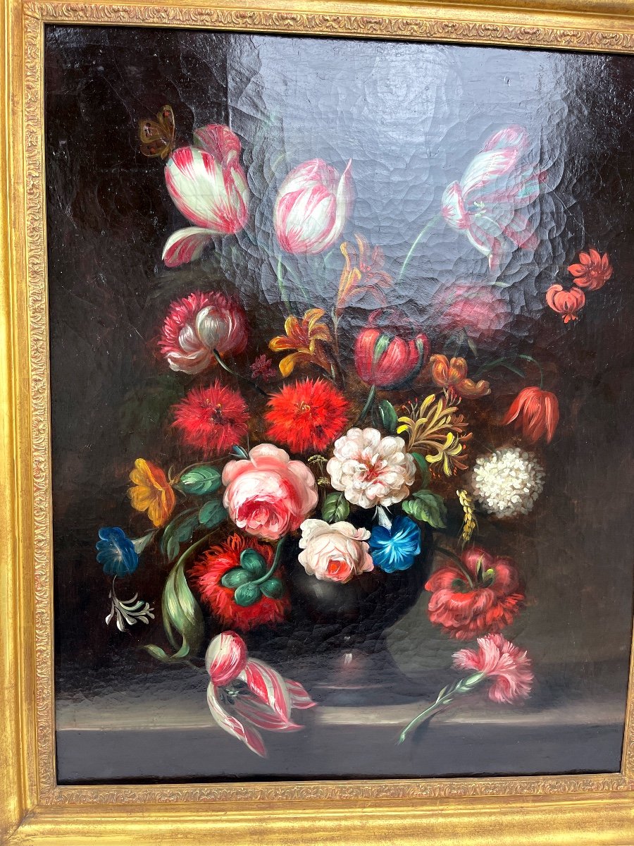 Bouquet Of Flowers On An Entablature, Oil On Canvas, Late 18th-early 19th Century-photo-2