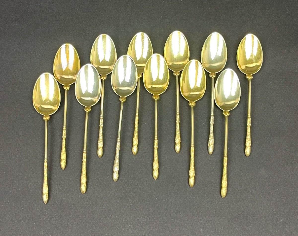 Suite De 12 Cuillères Dorées à Moka à Pattes De Biche