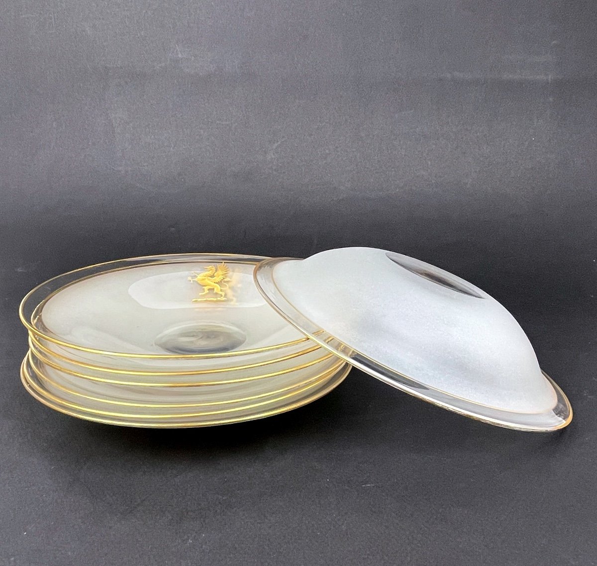 Set Of 7 Crystal Bowls, Bread Plates, Maison Le Rosey, Griffon d'Or-photo-1