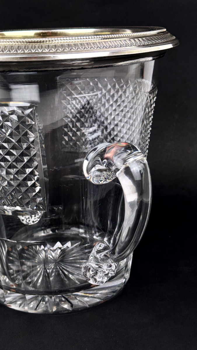 Baccarat et Odiot, important seau à champagne en cristal taillé, monture en argent vermeillé -photo-7