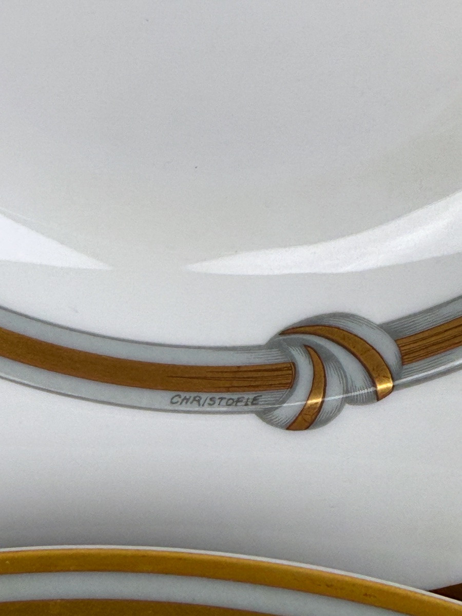 Christofle, Set Of 4 Deep Plates, Gold Ribbon Model-photo-4
