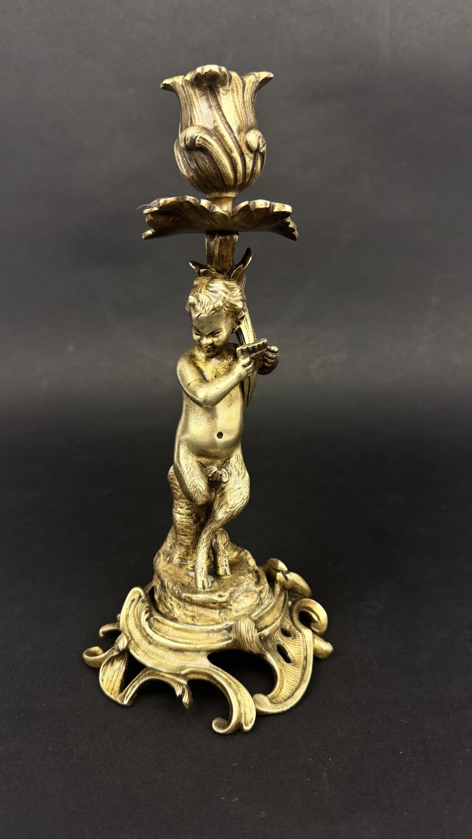 Pair Of Gilt Bronze Candlesticks, Putti, Faun, 19th Century-photo-2