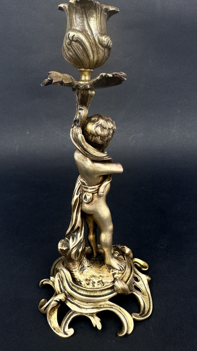 Pair Of Gilt Bronze Candlesticks, Putti, Faun, 19th Century-photo-2