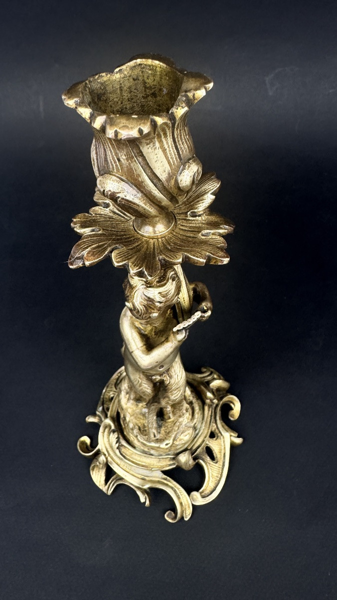 Pair Of Gilt Bronze Candlesticks, Putti, Faun, 19th Century-photo-4