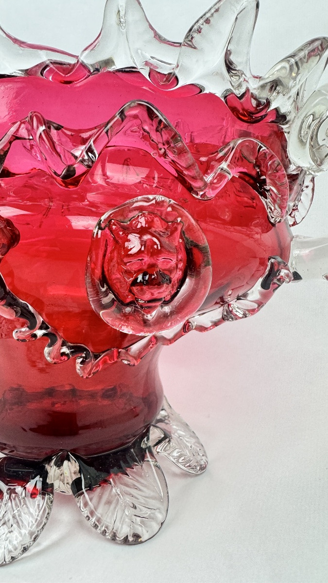 Raspberry Red Glass Planter In The Style Of Auguste Jean Or Legras-photo-3
