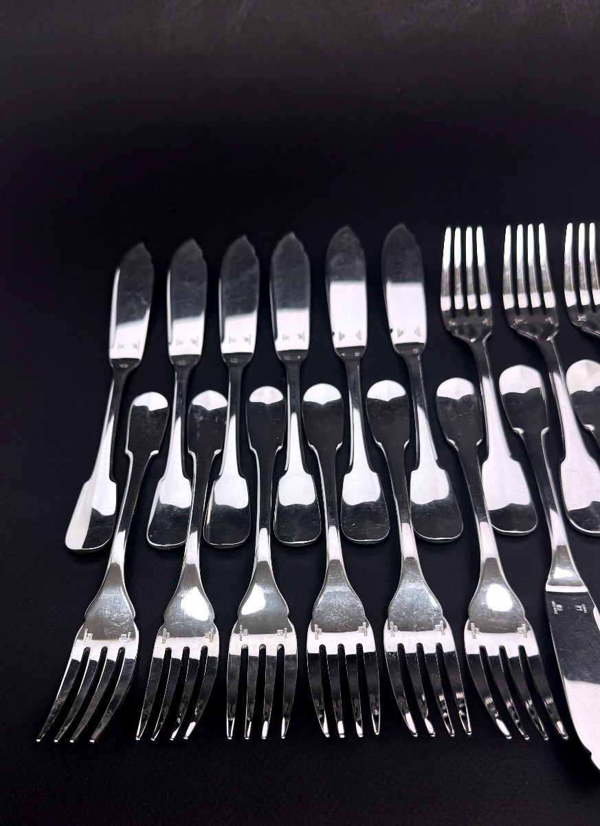 Christofle, Set Of 12 Fish Cutlery Pieces, Cluny Model-photo-2