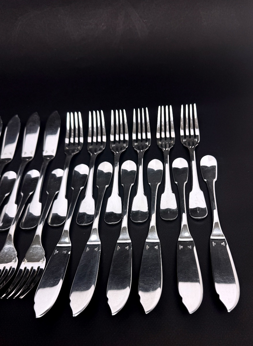 Christofle, Set Of 12 Fish Cutlery Pieces, Cluny Model-photo-4