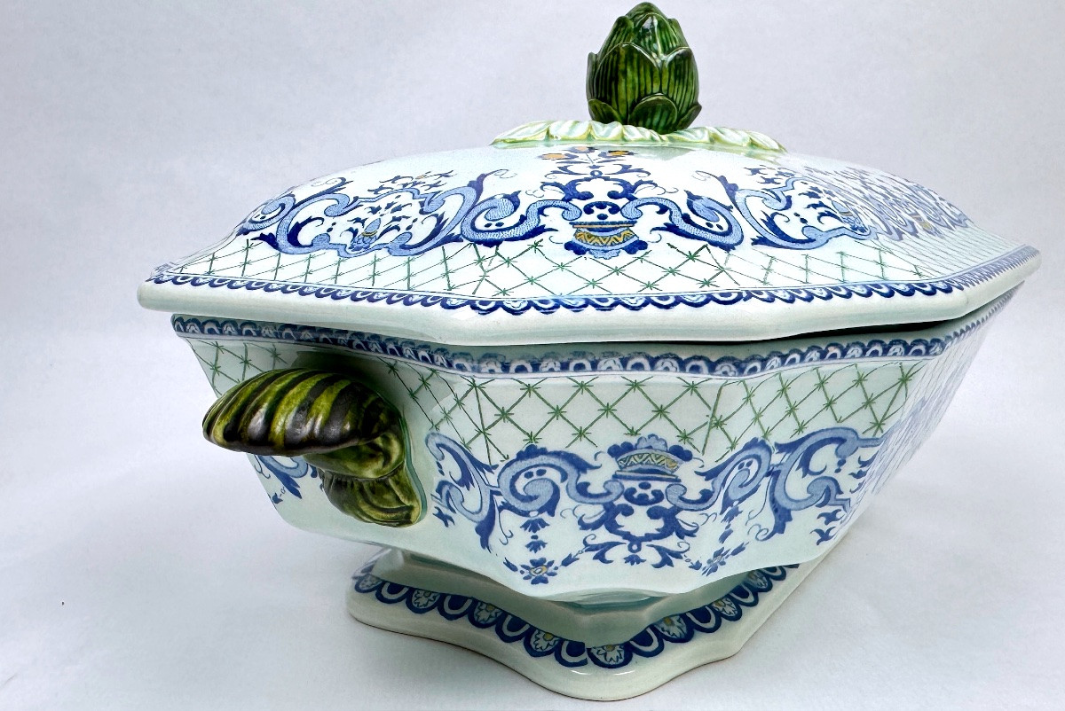 Gien, Vegetable Dish, Soup Tureen And Its Frame In Fine Earthenware, Rouen Decor-photo-2