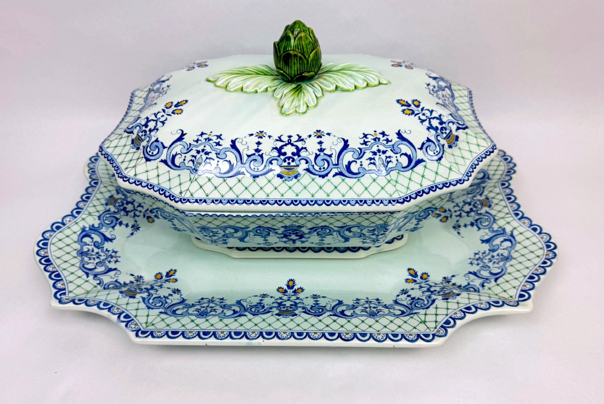 Gien, Vegetable Dish, Soup Tureen And Its Frame In Fine Earthenware, Rouen Decor