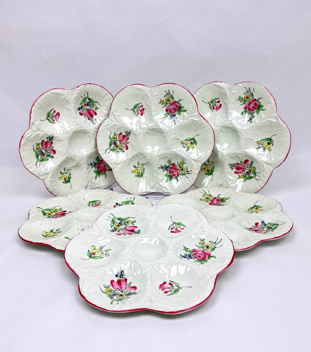 Lunéville, Keller et Guérin, suite de 6 assiettes à huitres modèle Réverbère