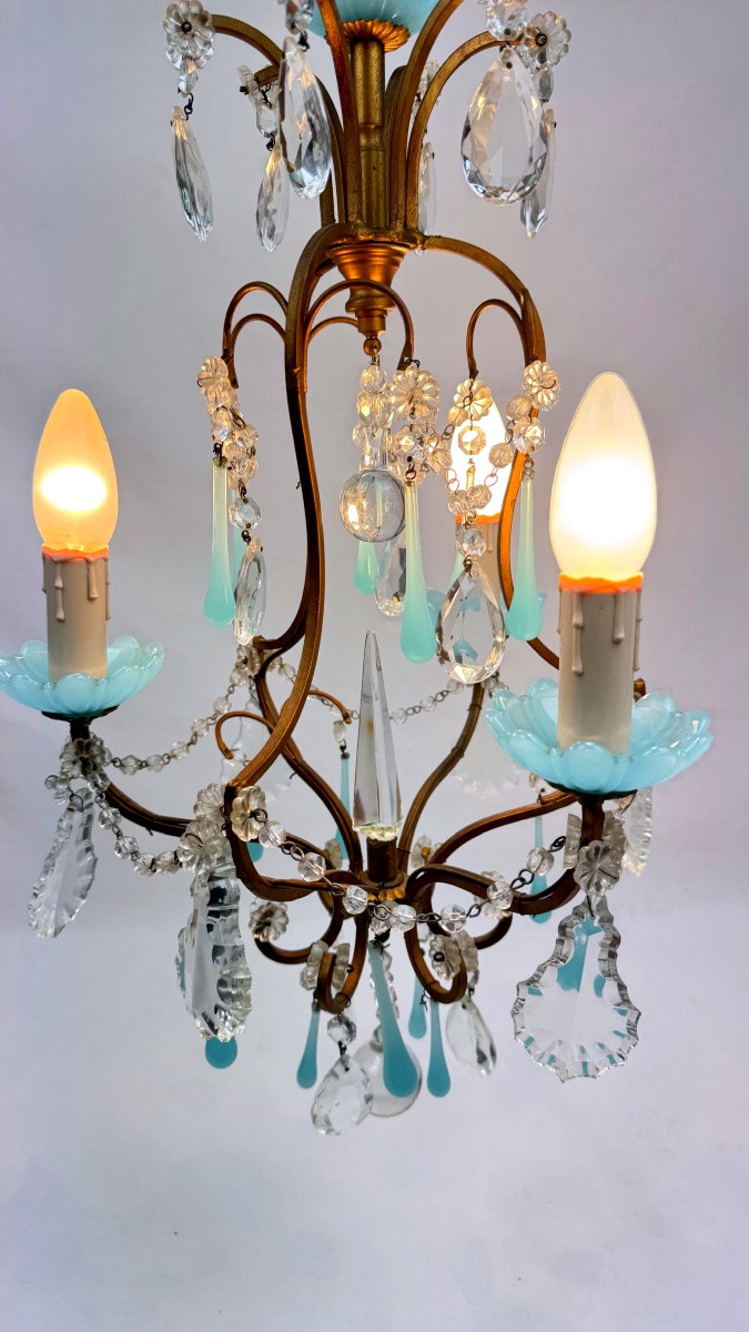 Petit lustre italien en laiton, opaline bleue et pampilles, années 50-photo-2