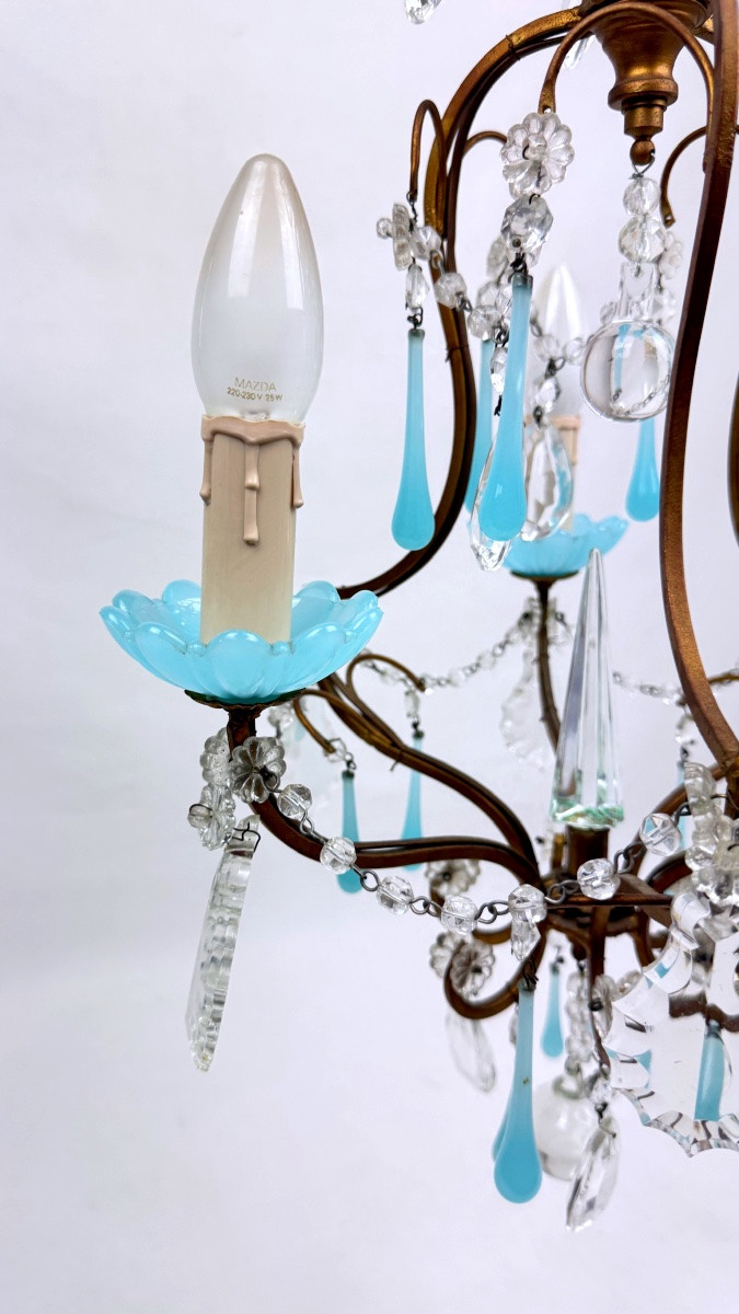 Petit lustre italien en laiton, opaline bleue et pampilles, années 50-photo-3