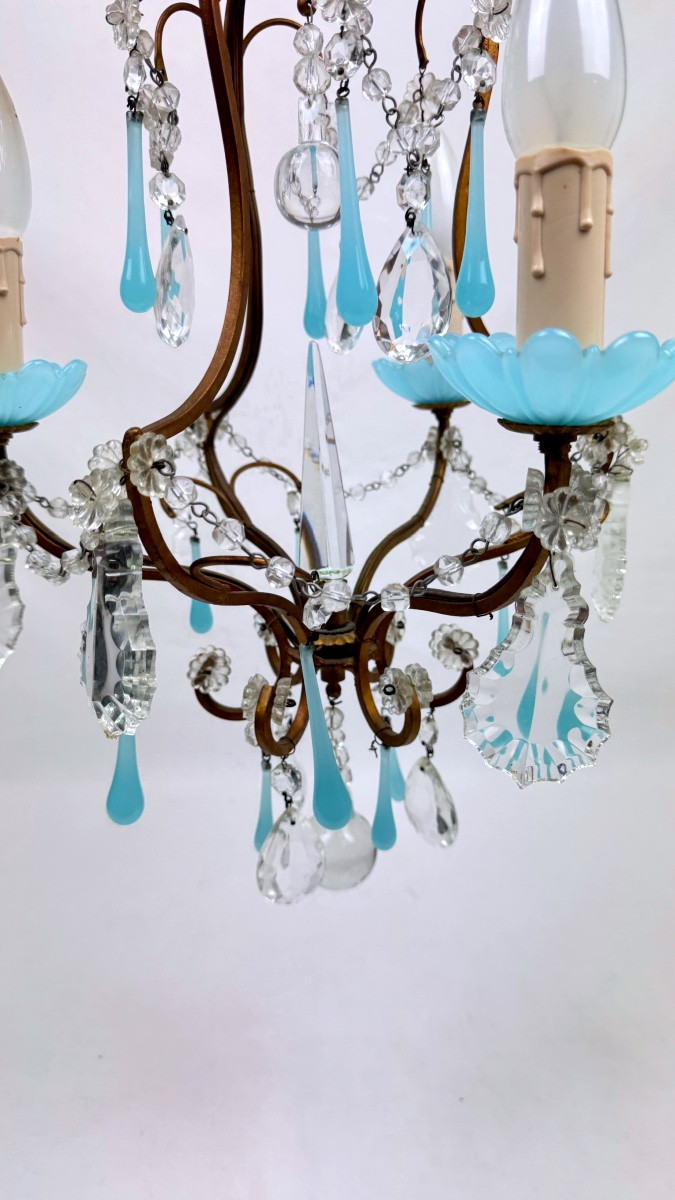 Petit lustre italien en laiton, opaline bleue et pampilles, années 50-photo-4