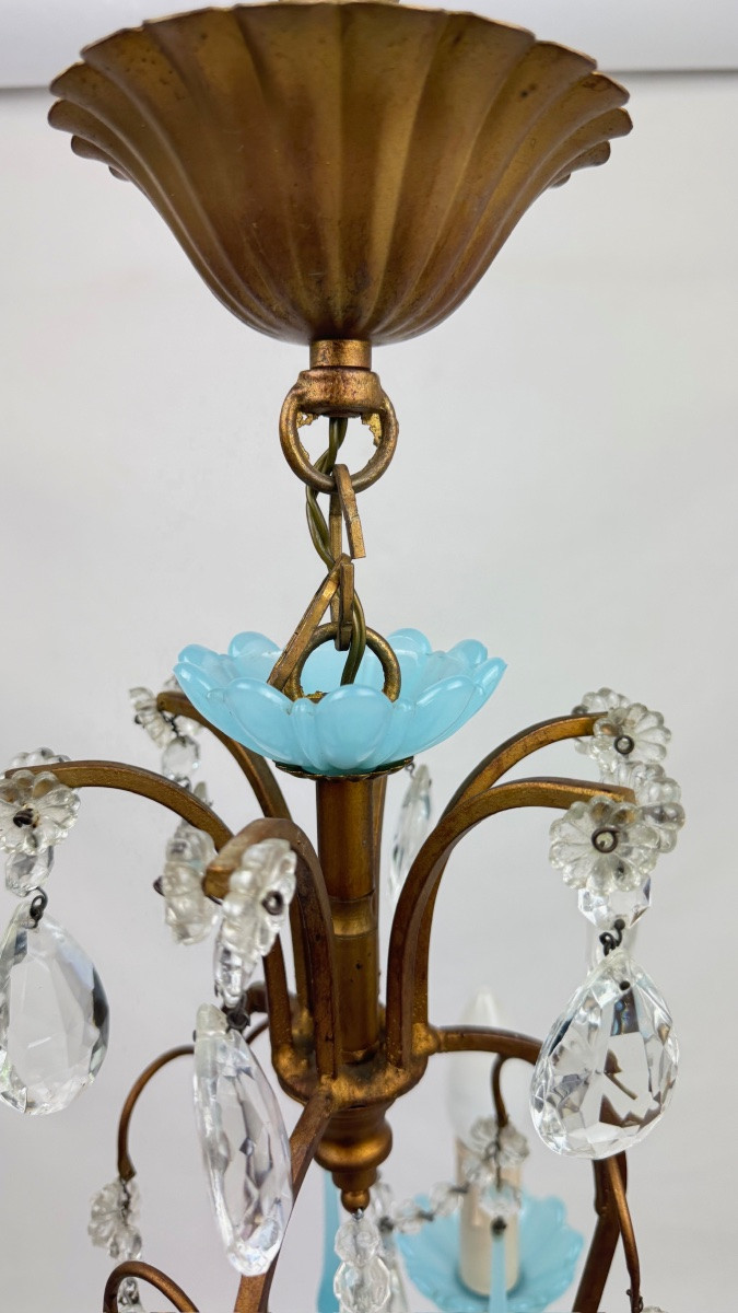 Petit lustre italien en laiton, opaline bleue et pampilles, années 50-photo-1