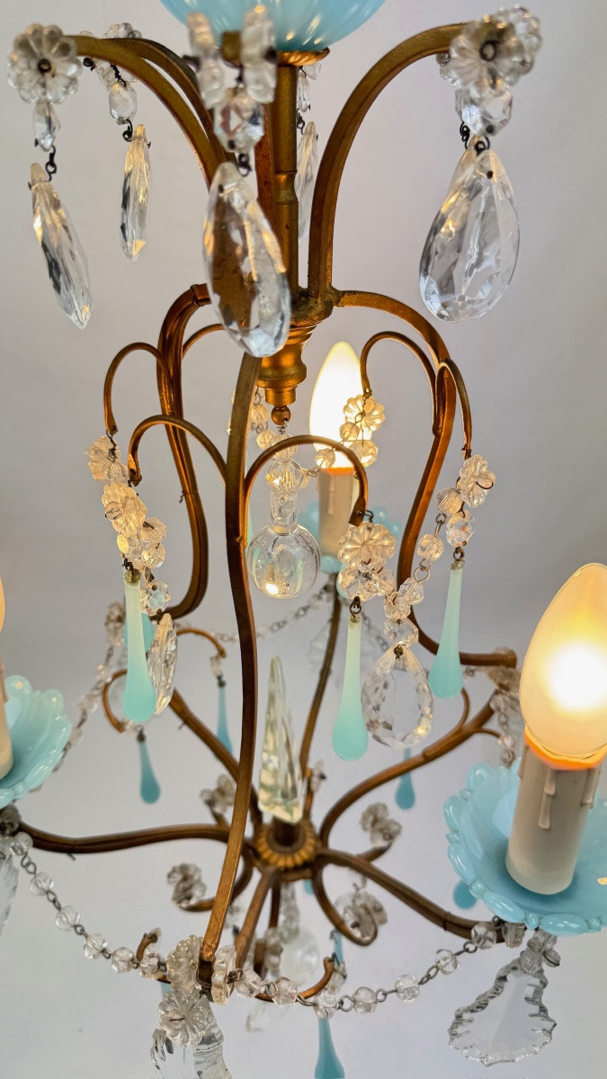 Petit lustre italien en laiton, opaline bleue et pampilles, années 50-photo-2
