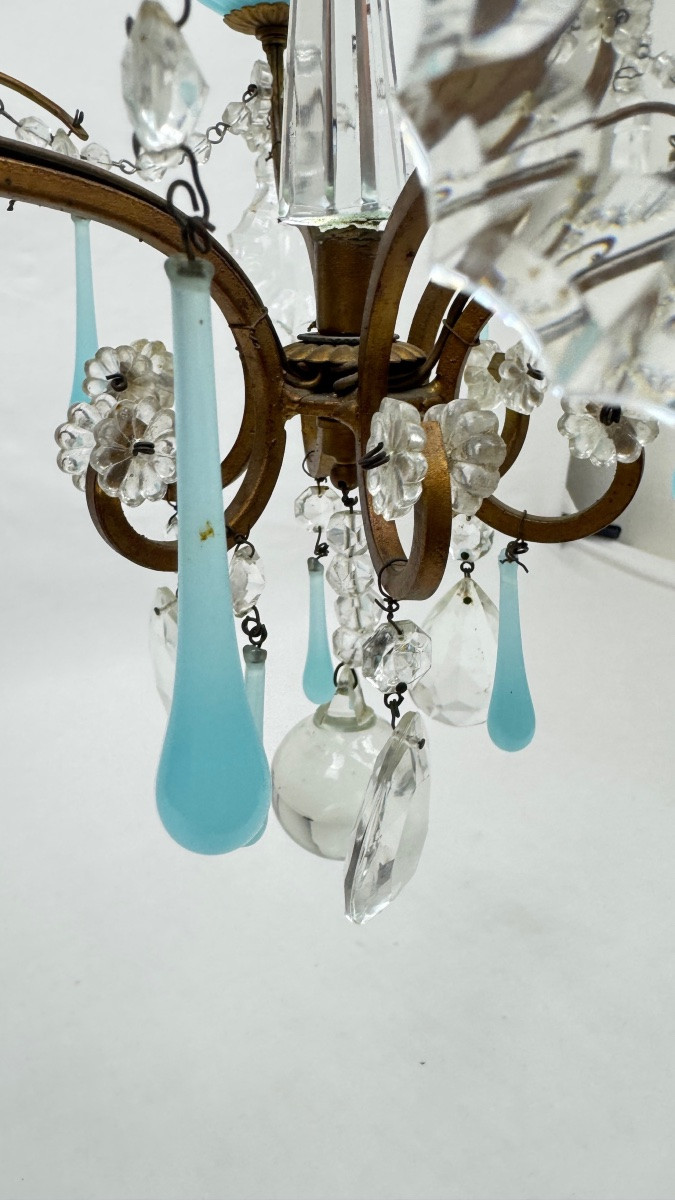 Petit lustre italien en laiton, opaline bleue et pampilles, années 50-photo-3