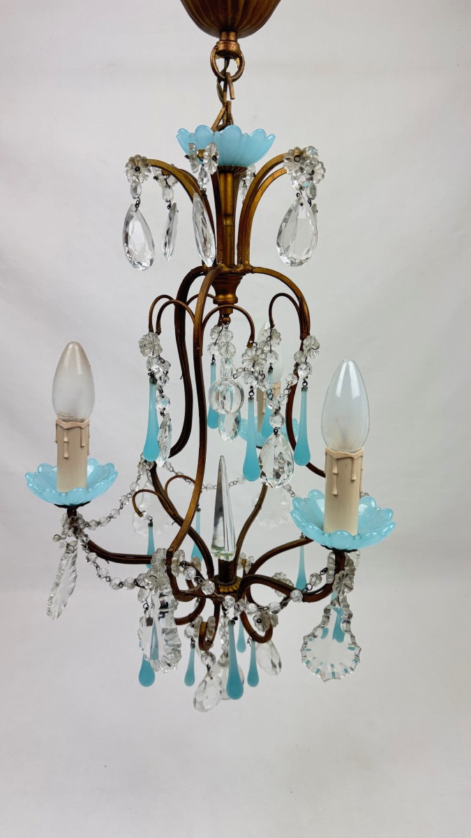Petit lustre italien en laiton, opaline bleue et pampilles, années 50-photo-4