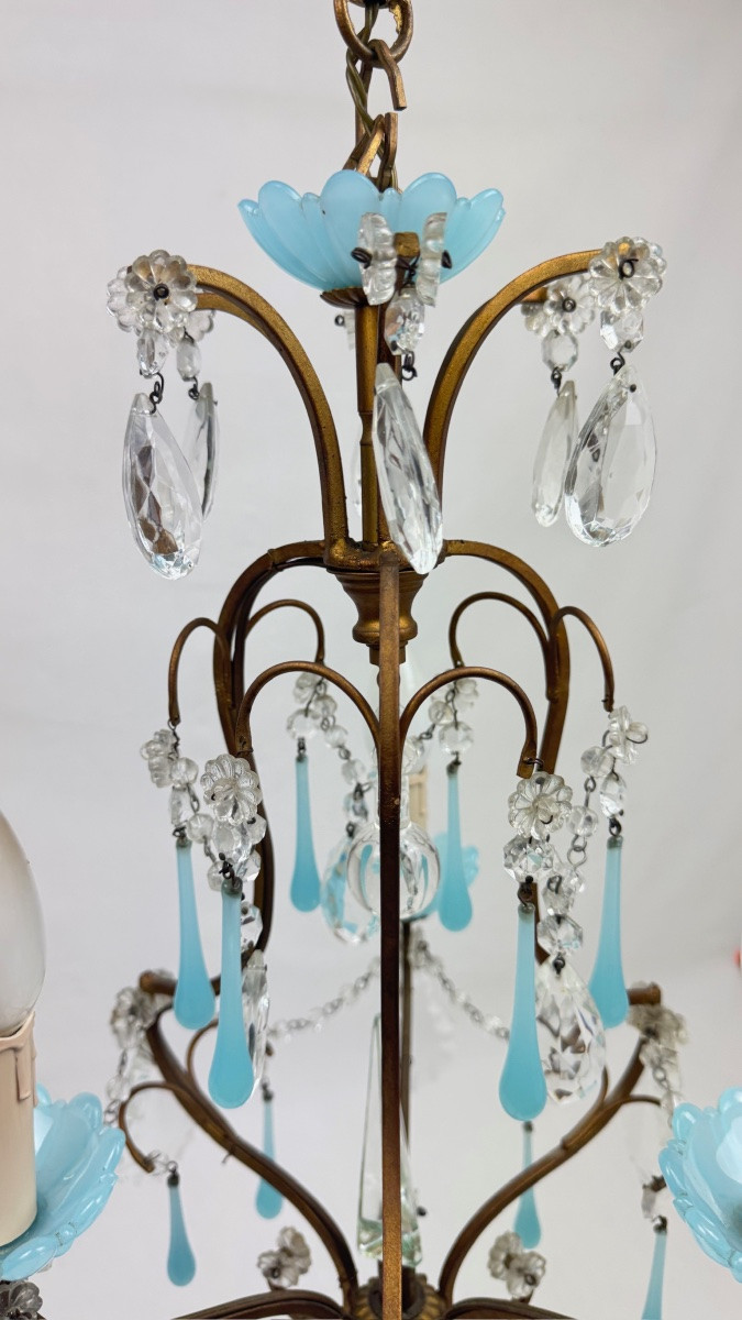 Petit lustre italien en laiton, opaline bleue et pampilles, années 50-photo-6