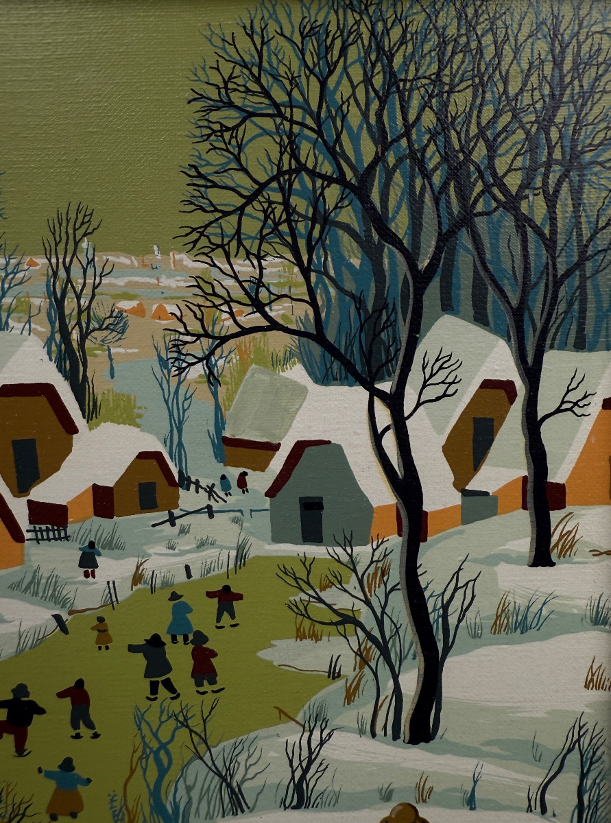 Sibinovic, The Skaters, Naive Painting Circa 1970-photo-2