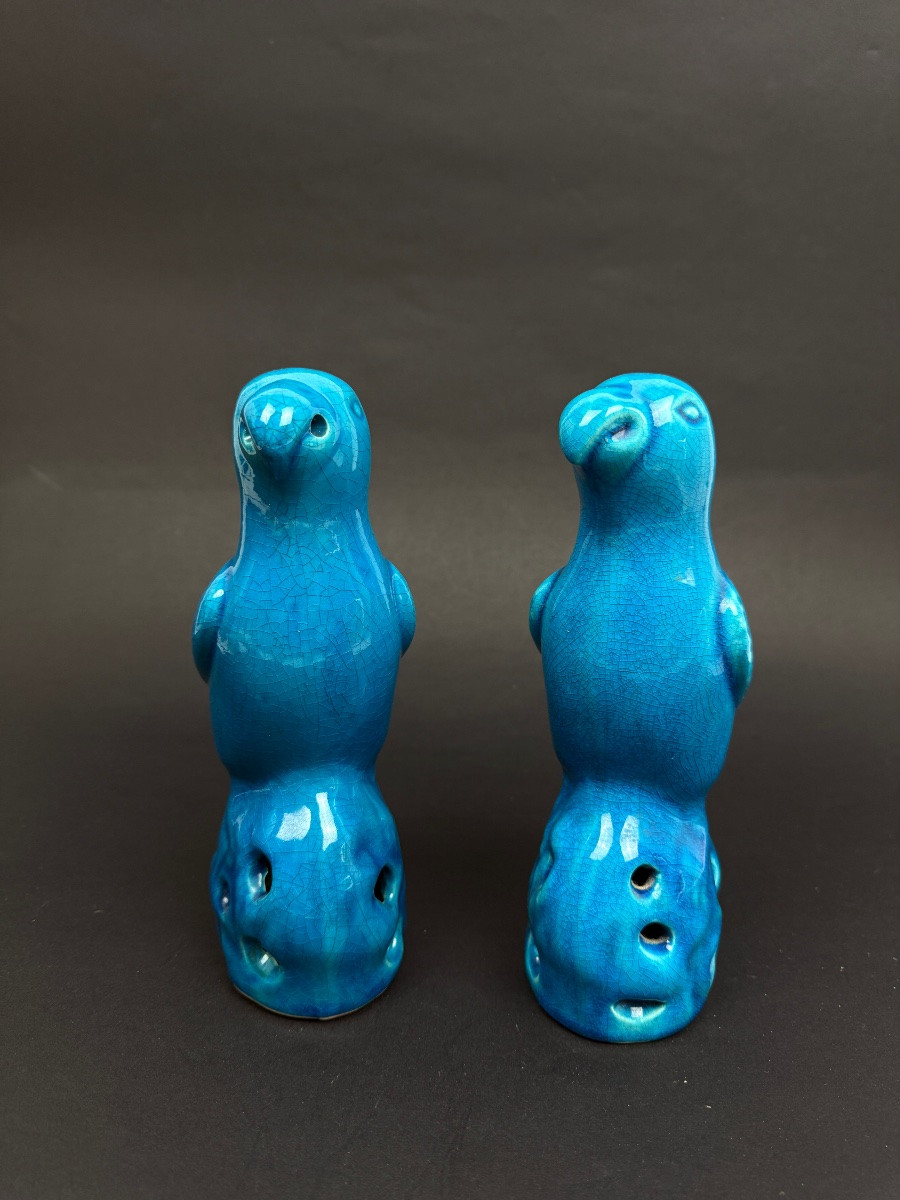 Pair Of Blue Chinese Porcelain Parakeets-photo-2