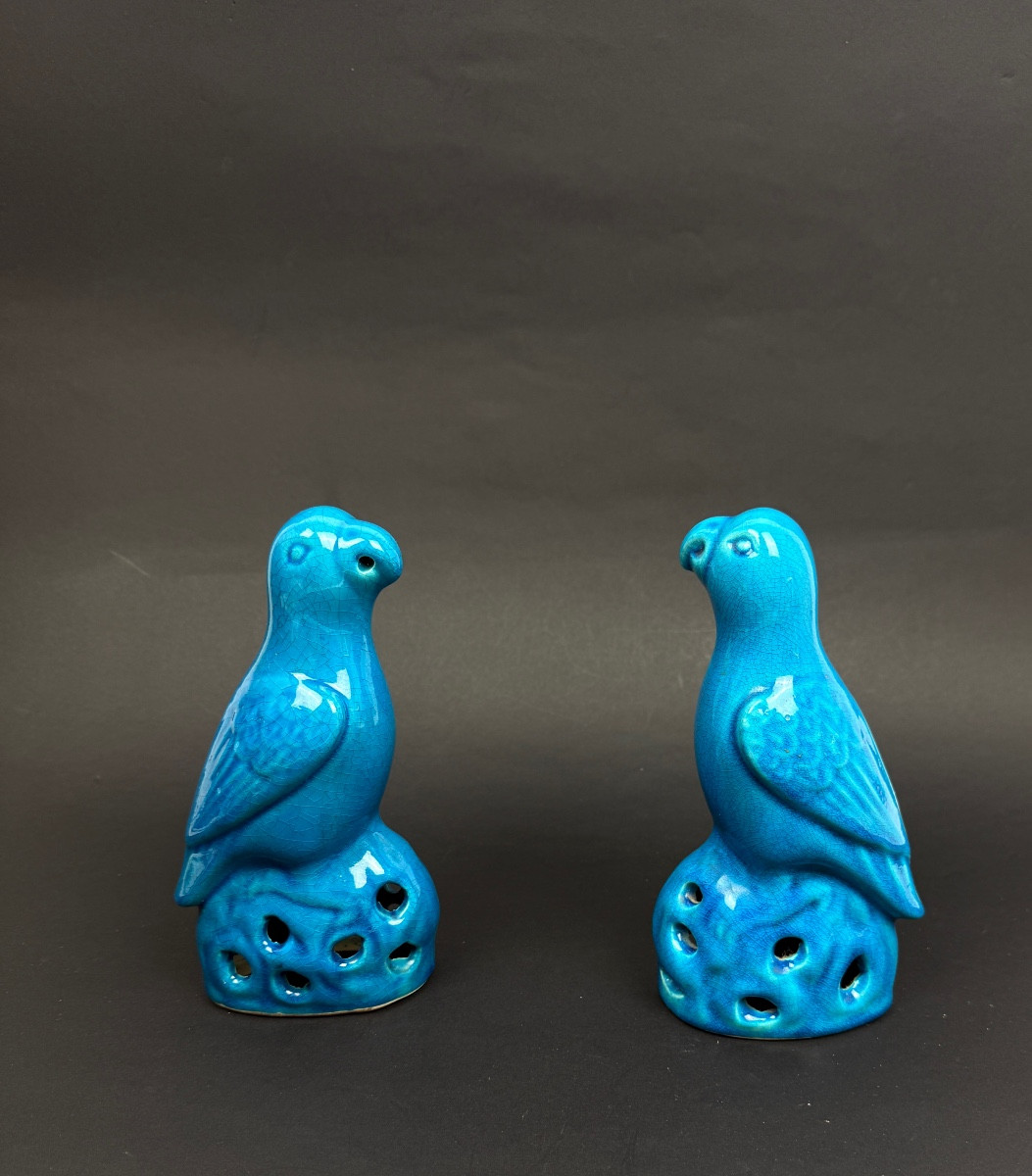 Pair Of Blue Chinese Porcelain Parakeets