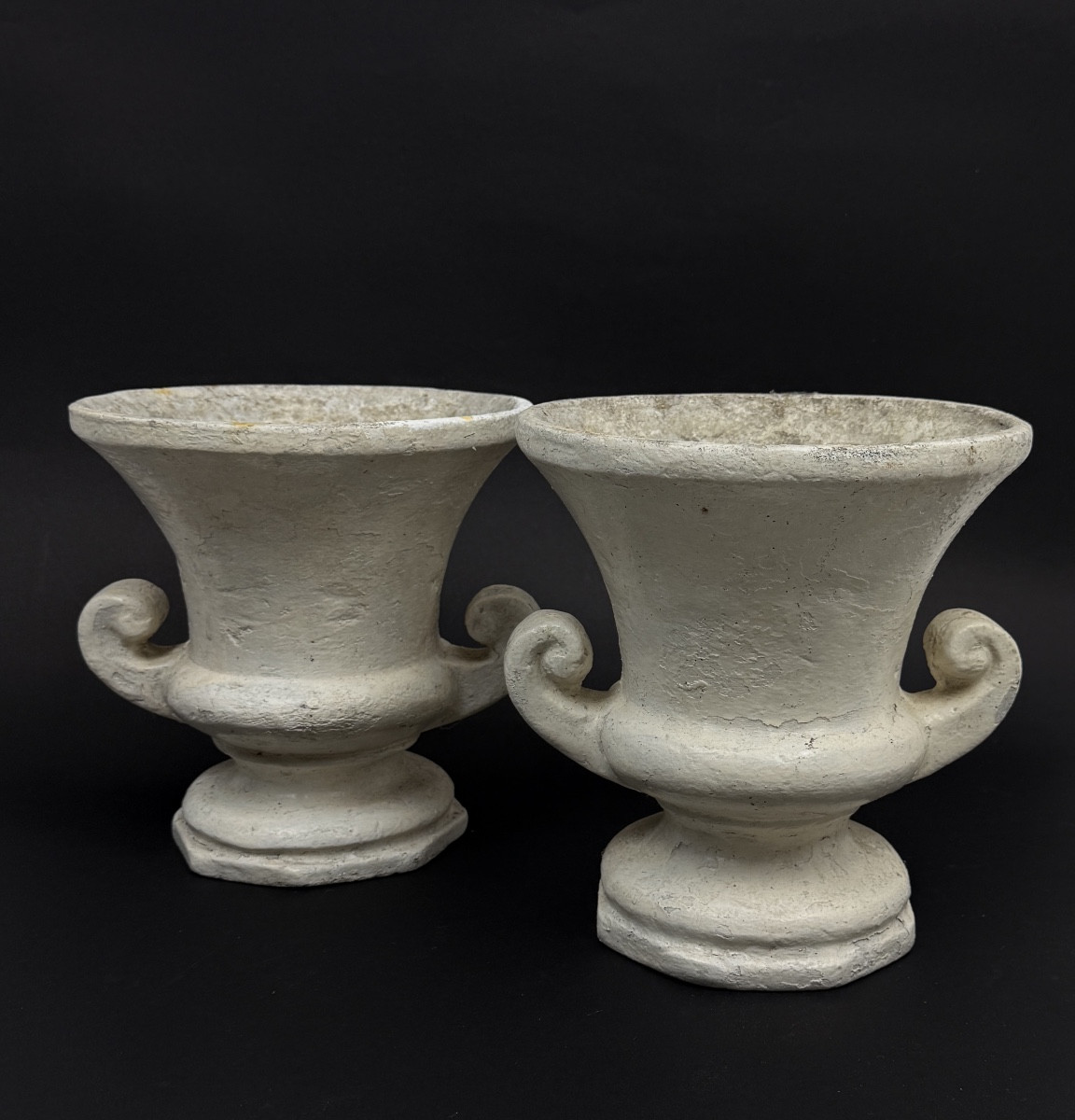 Pair Of Greek-style Terracotta Pots With White Patina