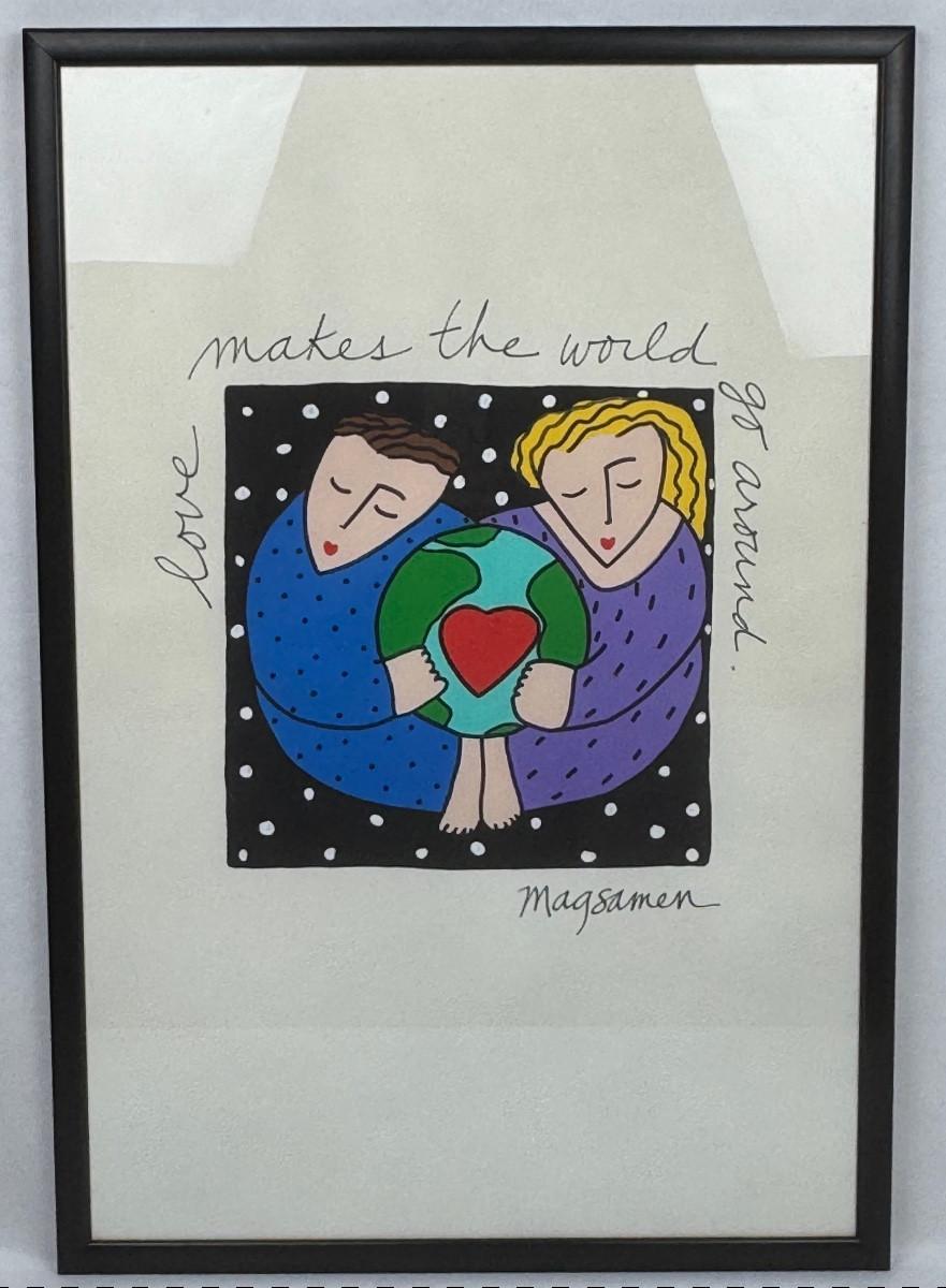 Sandra Magsamen, dessin original 54 X 79 "Love makes the world go around" circa 1990