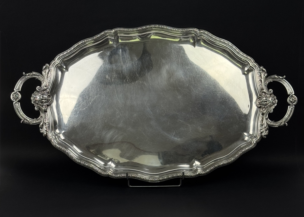 Christofle, Large Silver-plated Metal Serving Tray Decorated With Mascarons