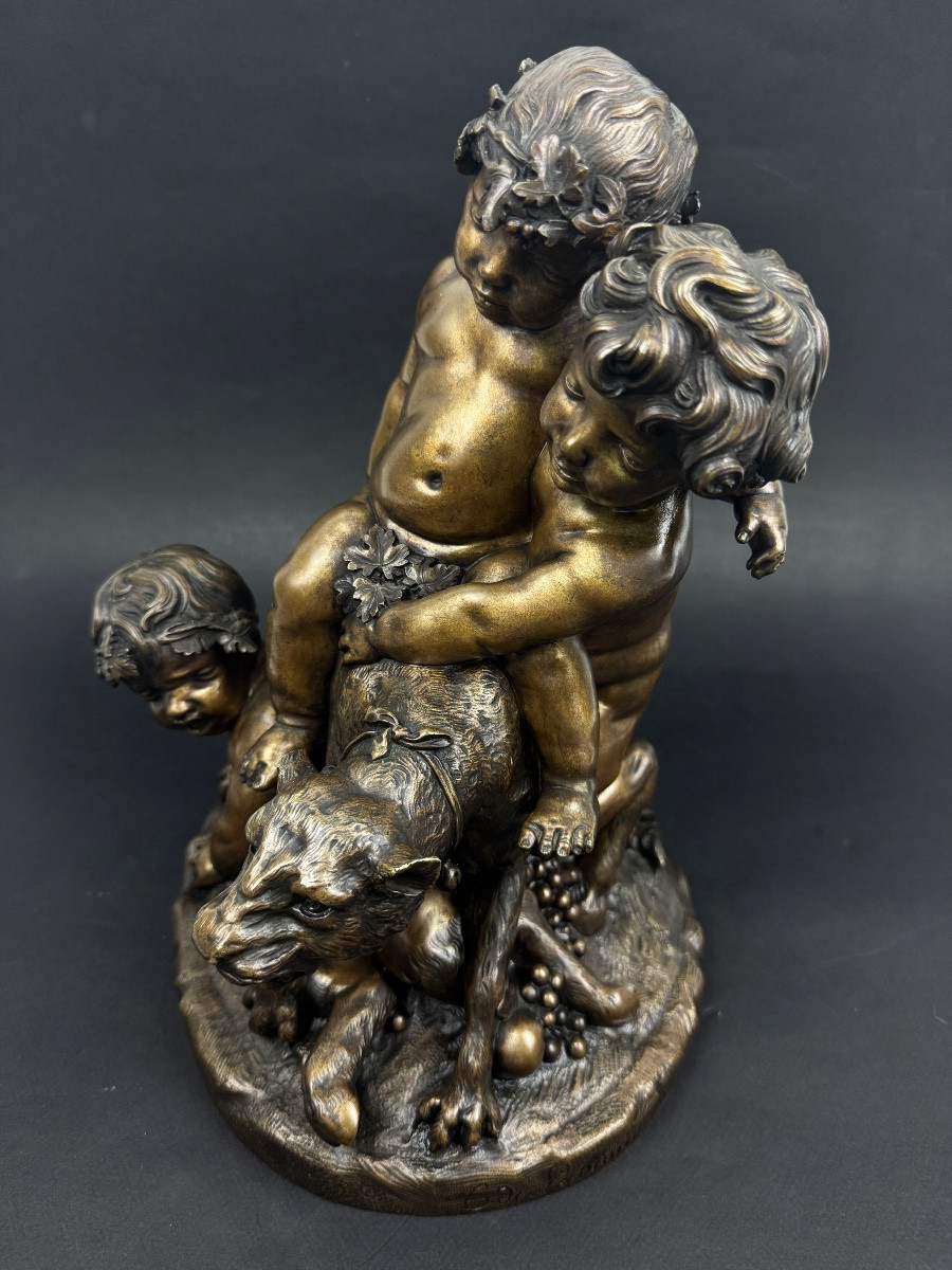 Eugène De Labroue, Young Bacchus On A Lioness Playing With Two Fauns, Bronze After Clodion-photo-2