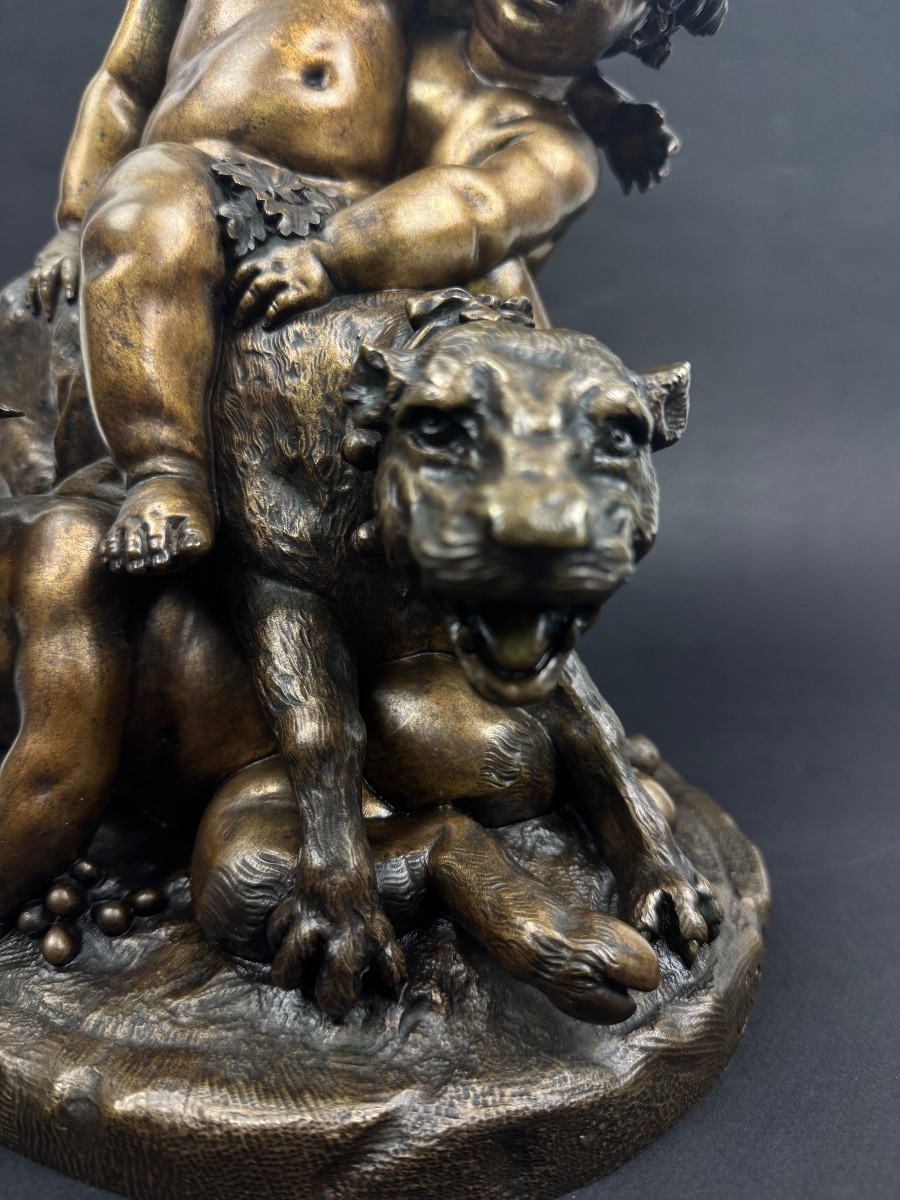 Eugène De Labroue, Young Bacchus On A Lioness Playing With Two Fauns, Bronze After Clodion-photo-3