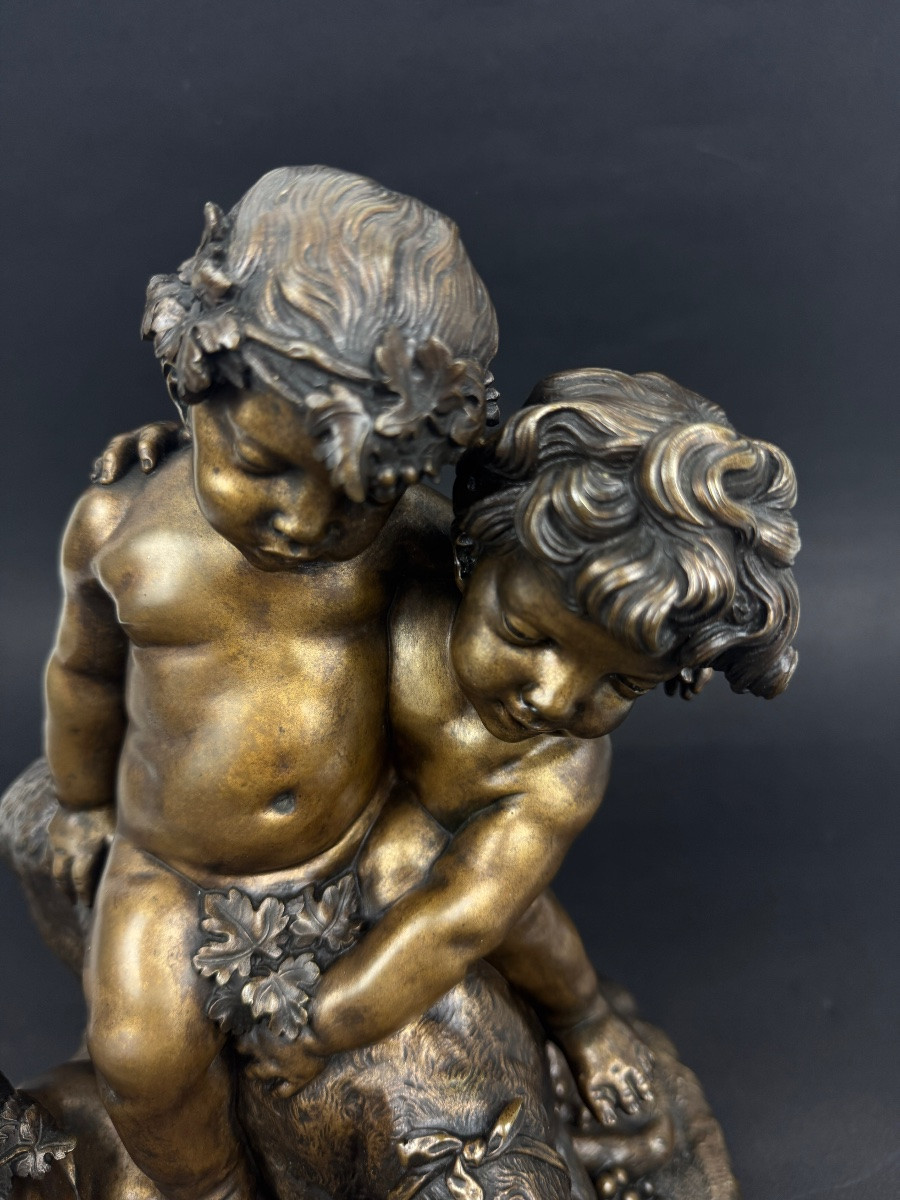 Eugène De Labroue, Young Bacchus On A Lioness Playing With Two Fauns, Bronze After Clodion-photo-1