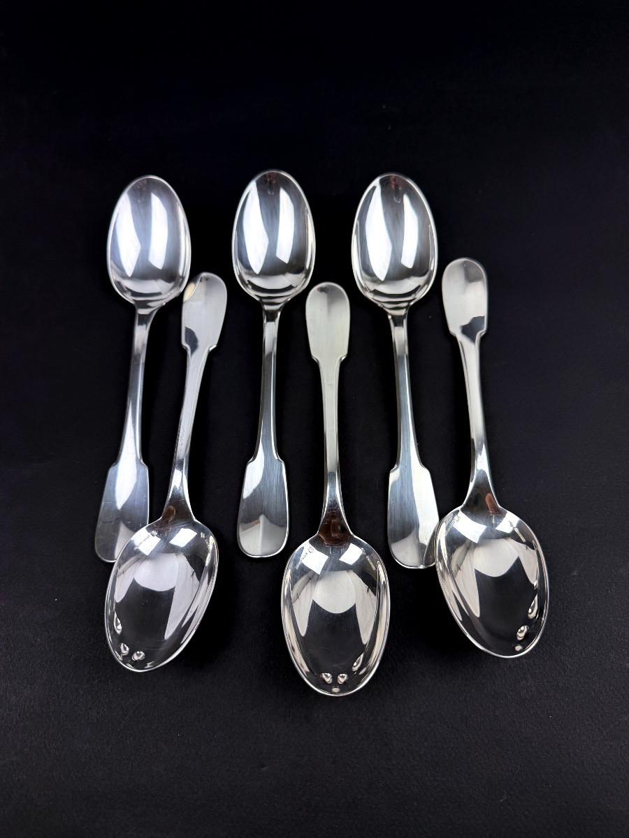 Christofle argent massif, suite de 6 cuillères à soupe modèle Cluny
