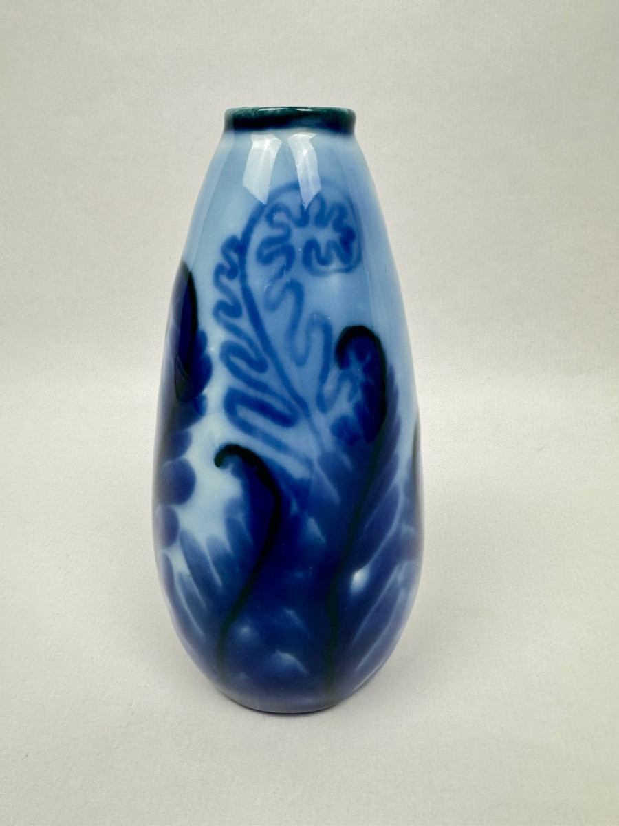 Tharaud Limoges – Vase bleu décor flambé n°5 décor de fougères-photo-4