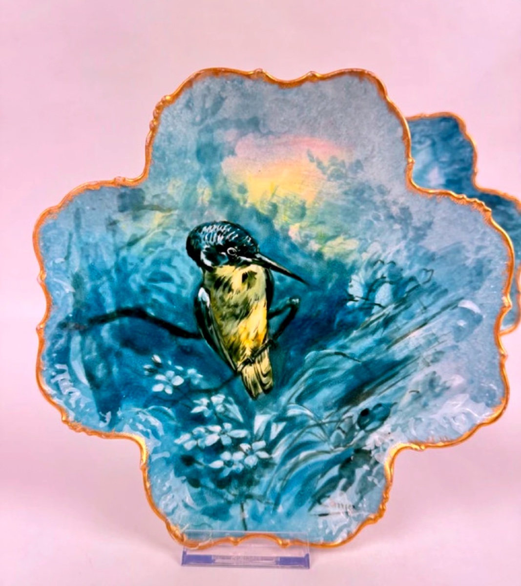 Pair Of Decorative Plates Gda Limoges – Kingfisher – Signed Carrier-photo-2