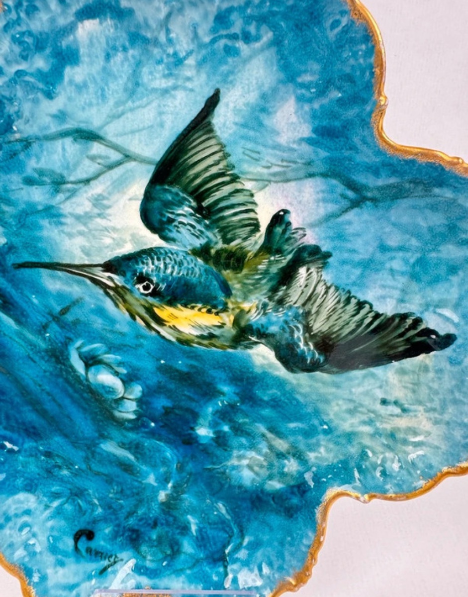 Pair Of Decorative Plates Gda Limoges – Kingfisher – Signed Carrier-photo-3