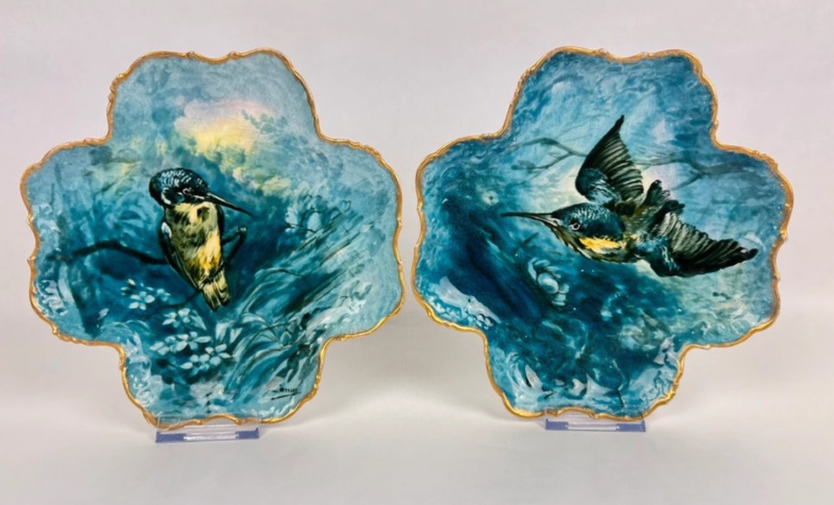 Pair Of Decorative Plates Gda Limoges – Kingfisher – Signed Carrier