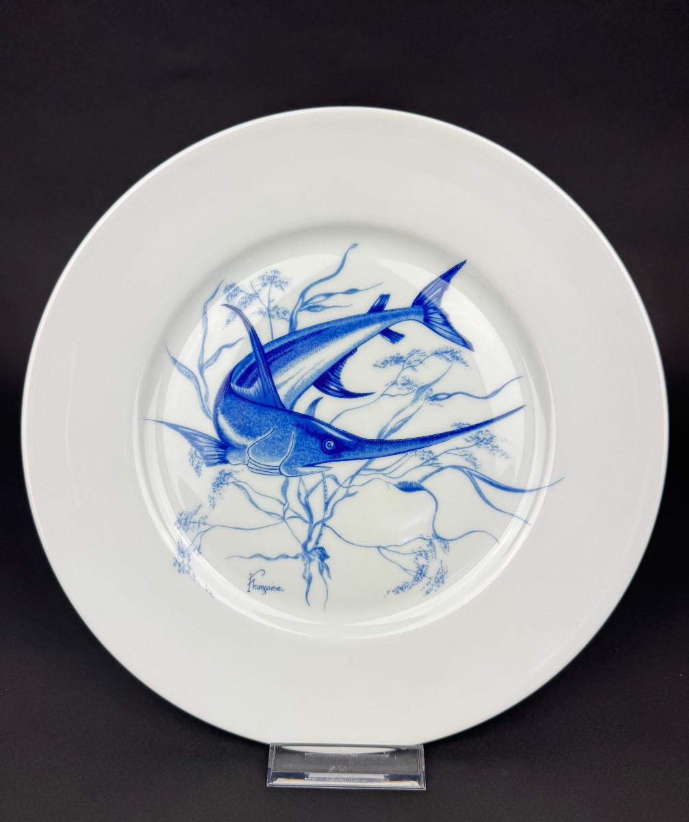 Jammet-Seignolles Service de 6 assiettes plates à Poissons stylisés – Limoges 1977-photo-3