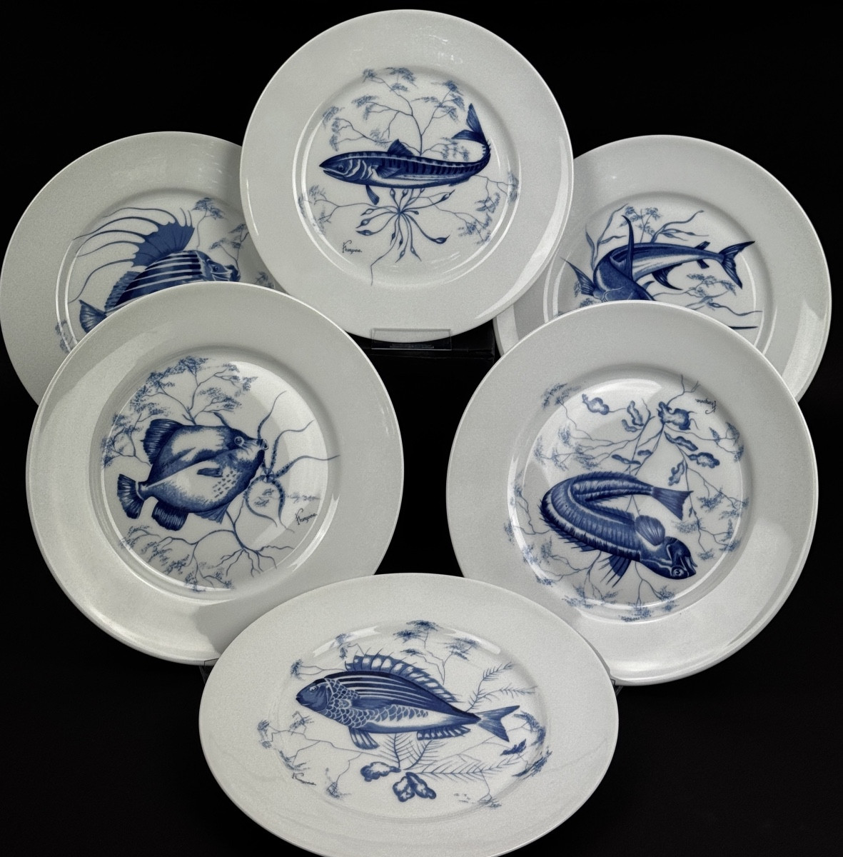 Jammet-Seignolles Service de 6 assiettes plates à Poissons stylisés – Limoges 1977