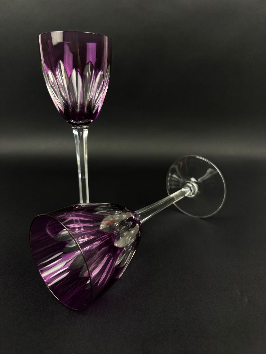 Pair Of Prune Overlay Crystal Roemer Wine Glasses – Baccarat – Cassino Model – 1950/1970-photo-1