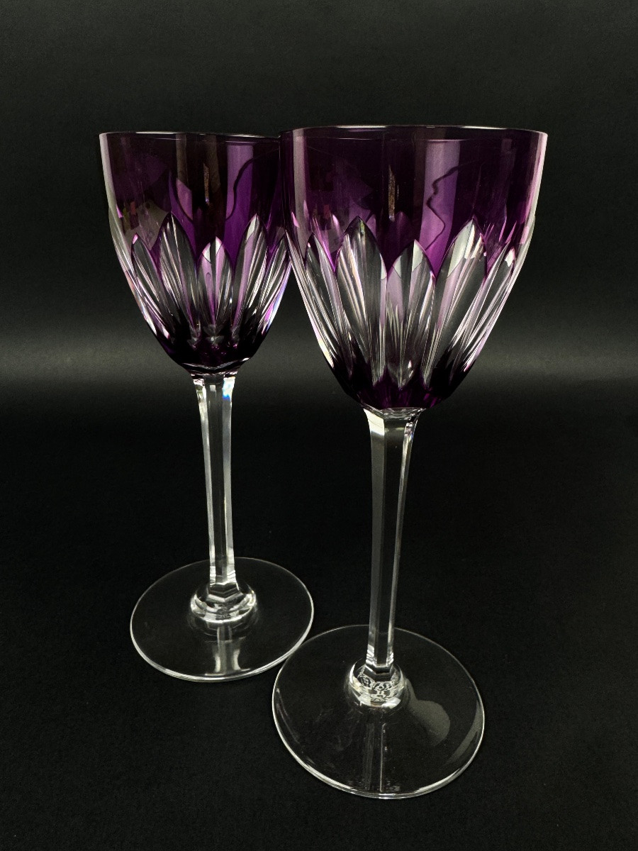Pair Of Prune Overlay Crystal Roemer Wine Glasses – Baccarat – Cassino Model – 1950/1970-photo-2