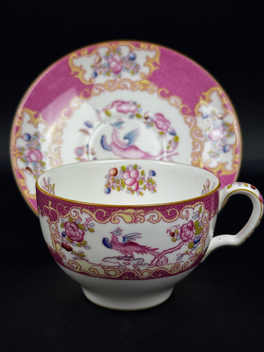 Minton, service à thé, 6 tasses et 3 pièces de forme, pink cockatrice, oiseau de Paradis rose -photo-2