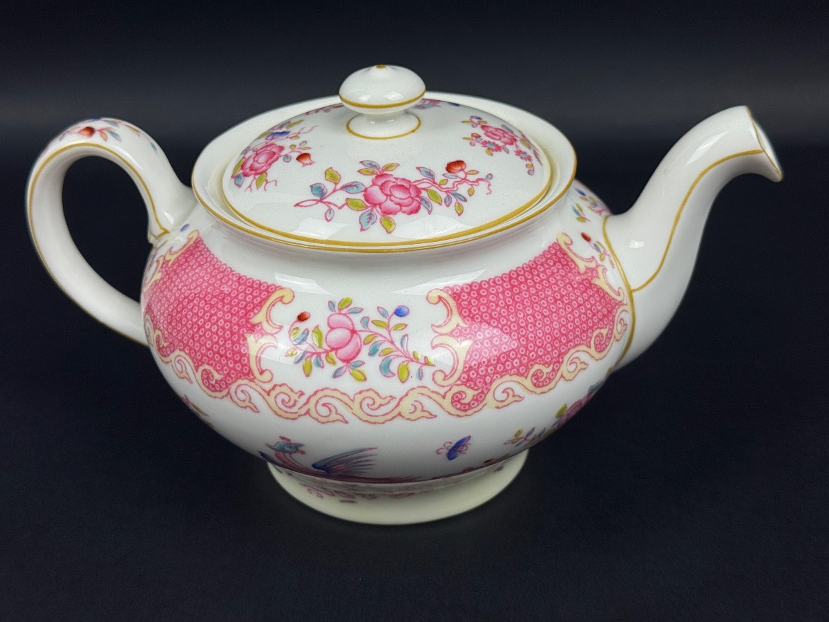 Minton, service à thé, 6 tasses et 3 pièces de forme, pink cockatrice, oiseau de Paradis rose -photo-3